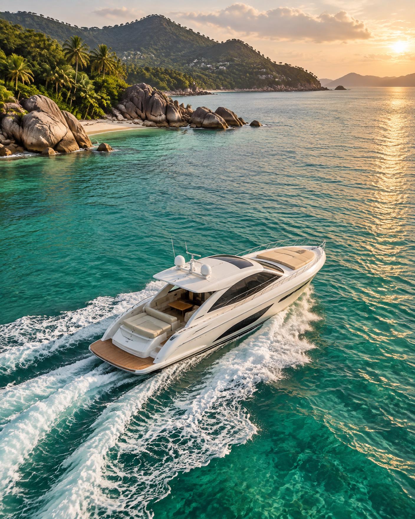 Private motor boat cruising through clear water off Koh Samui
