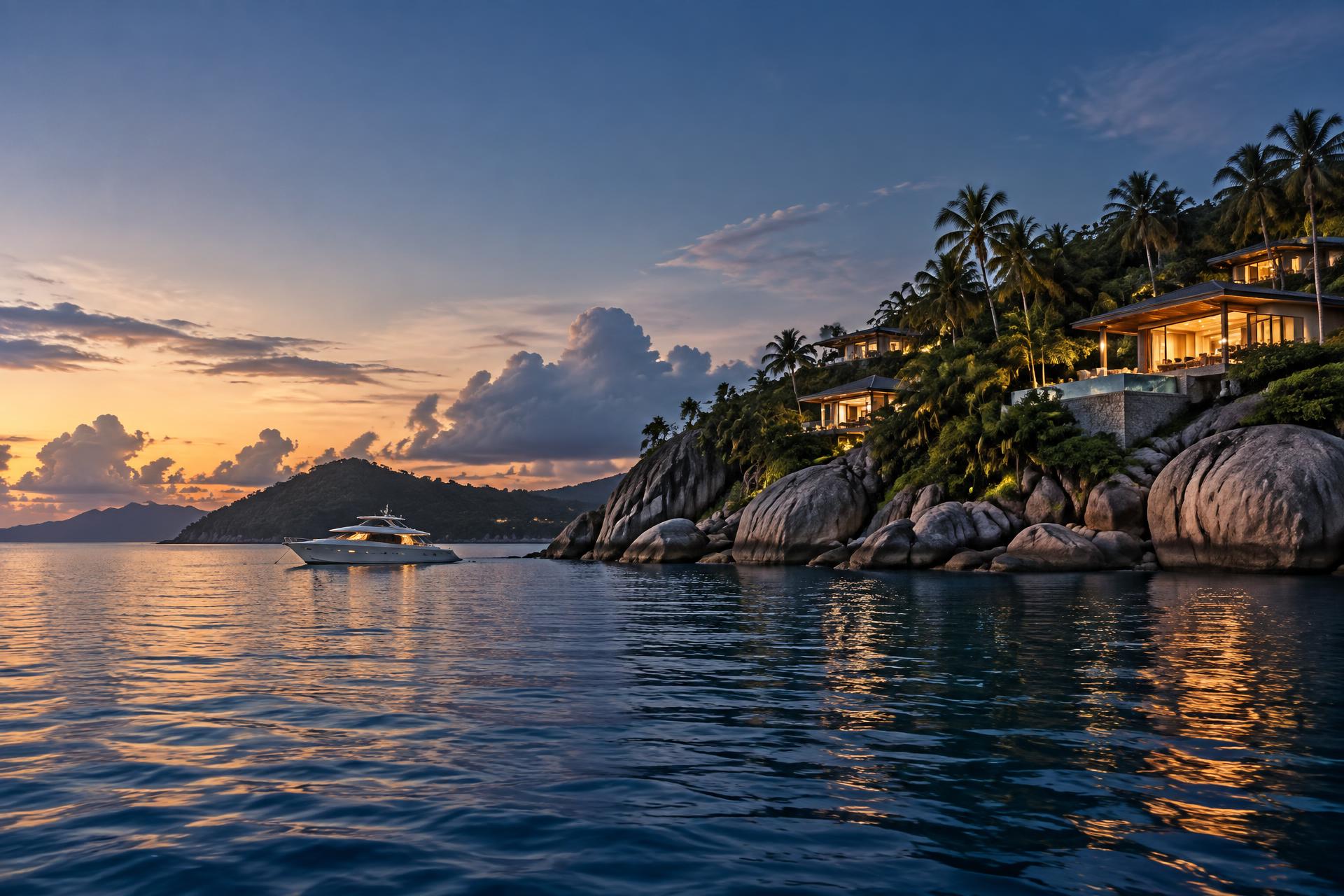 Koh Samui coastline, private yacht and villas at dusk
