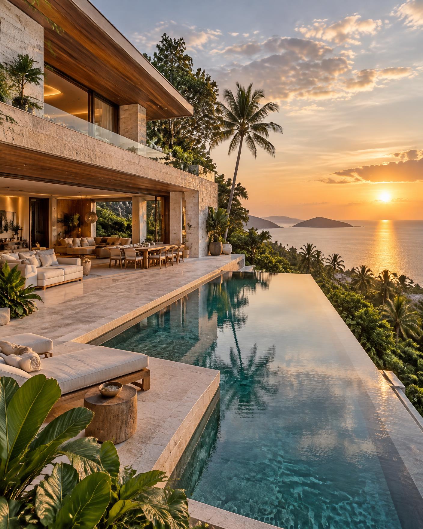 Contemporary private villa and infinity pool overlooking the sea