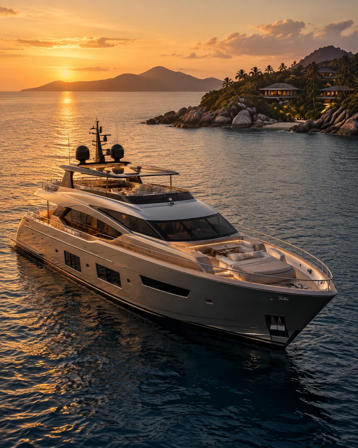 Modern private yacht at sunset near Koh Samui